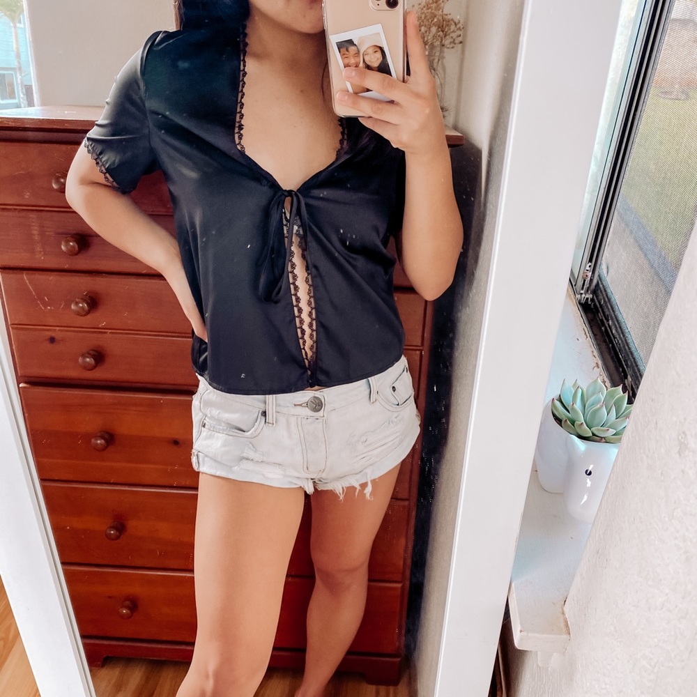 Brandy Melville Black Silky Tie Top